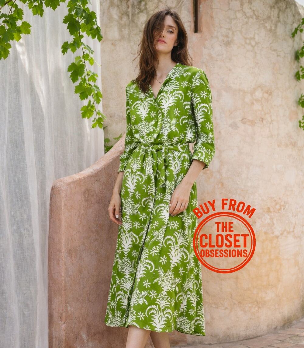Zara NWT Green Palm Botanical Print Wrap Maxi Dress Resort Vacation S
